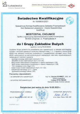 Świadectwo I Grupy Zakładów Dużych MOSTOSTAL CHOJNICE